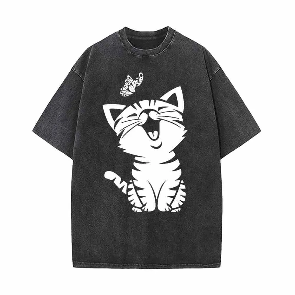 Cute Cat Kitten Playing with Butterfly Vintage Washed T-shirt sold by GTHIC
