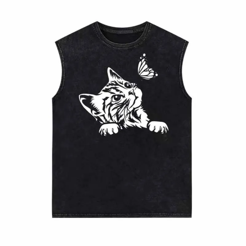 Cute Cat Curious Kitten With Butterfly Vintage Washed Vest Top sold by GTHIC
