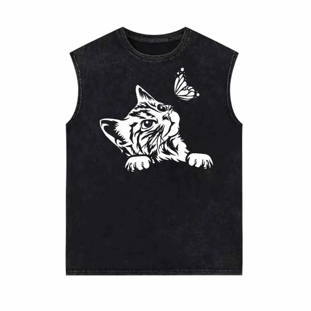 Cute Cat Curious Kitten With Butterfly Vintage Washed Vest Top sold by GTHIC