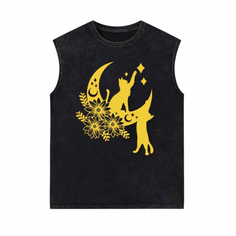 Floral Cats with Moon Star Vintage Washed Vest Top sold by GTHIC