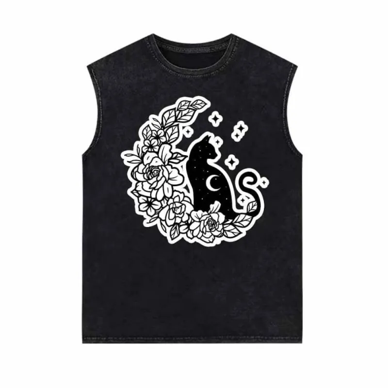 Mystical Cat On The Flower Moon Vintage Washed Vest Top sold by GTHIC