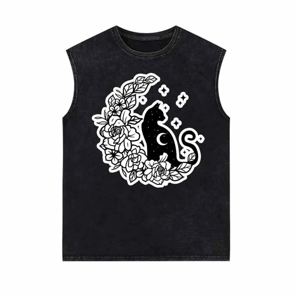 Mystical Cat On The Flower Moon Vintage Washed Vest Top sold by GTHIC