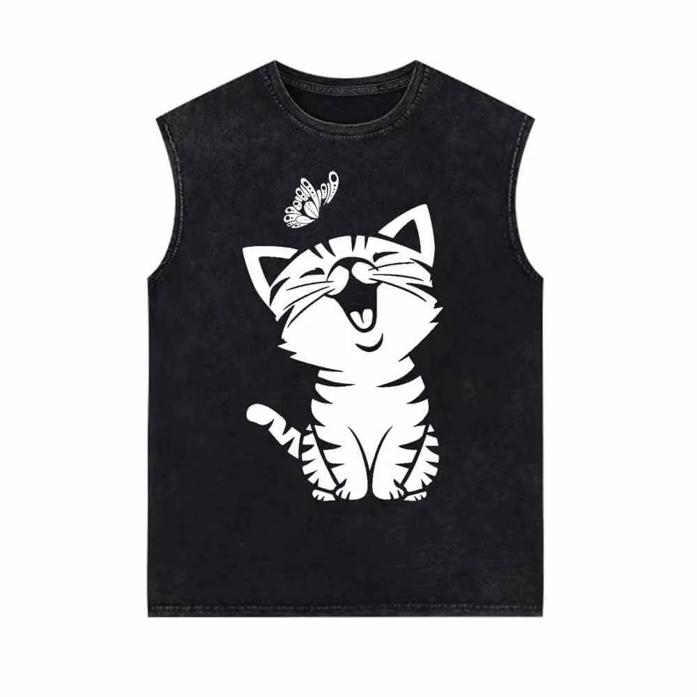 Cute Cat Kitten Playing with Butterfly Vintage Washed Vest Top sold by GTHIC