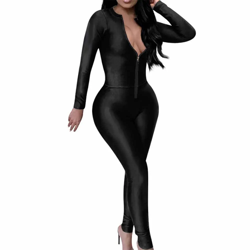 Black Simple Solid Color Sexy Zipper Skinny Jumpsuit sold by GTHIC