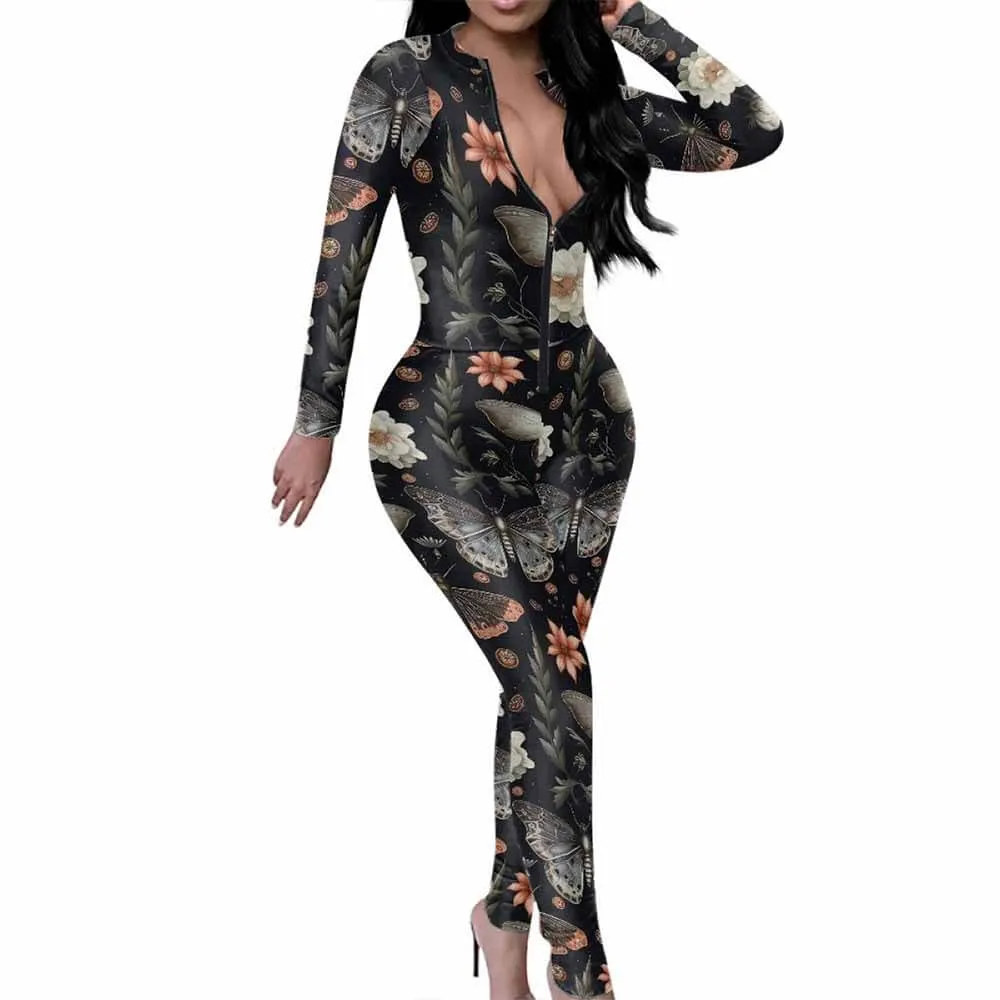 Flower Butterfly Print Sexy Zipper Skinny Jumpsuit sold by GTHIC