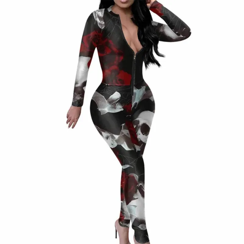 Gothic Rose Skull Print Sexy Zipper Skinny Jumpsuit made by GTHIC