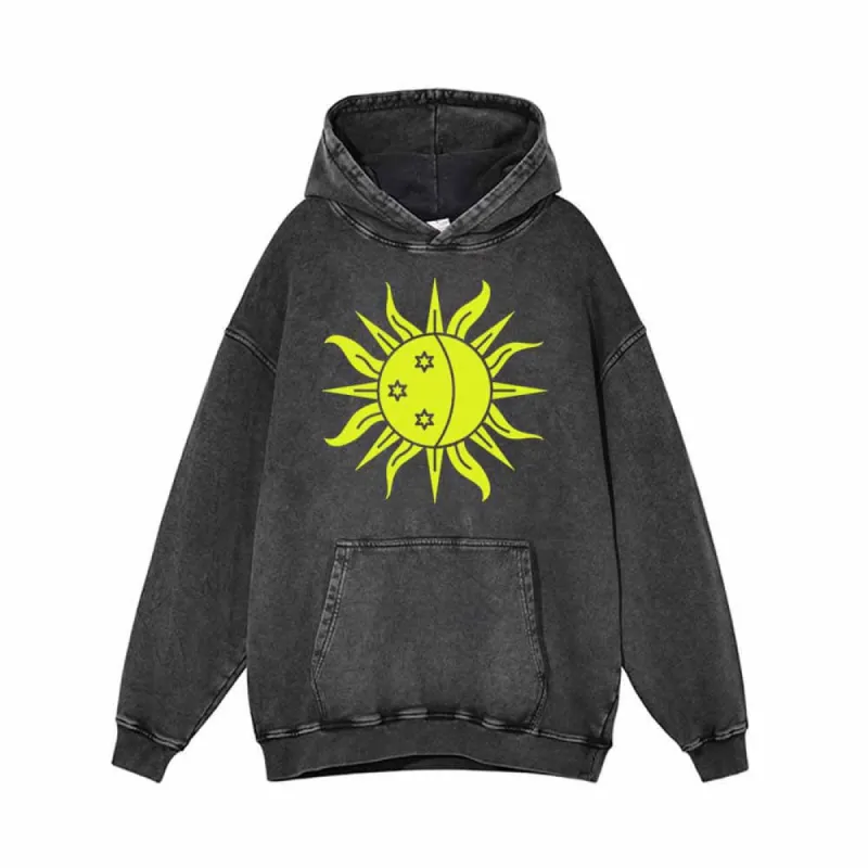 Shining Sun Moon Star Print Vintage Washed Hoodie sold by GTHIC