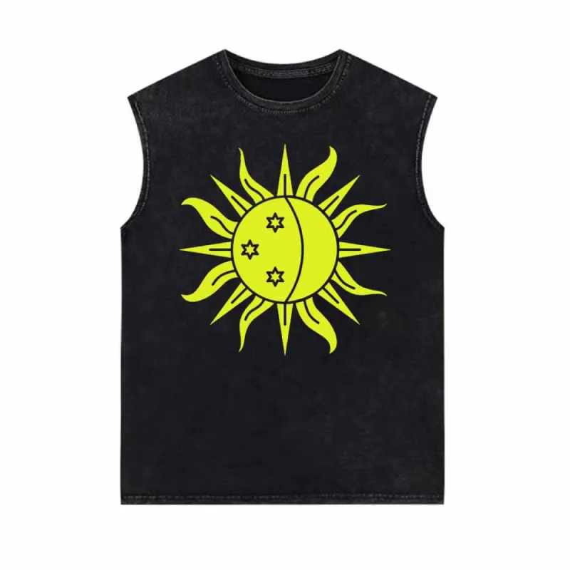 Shining Sun Moon Star Print Vintage Washed Vest Top sold by GTHIC