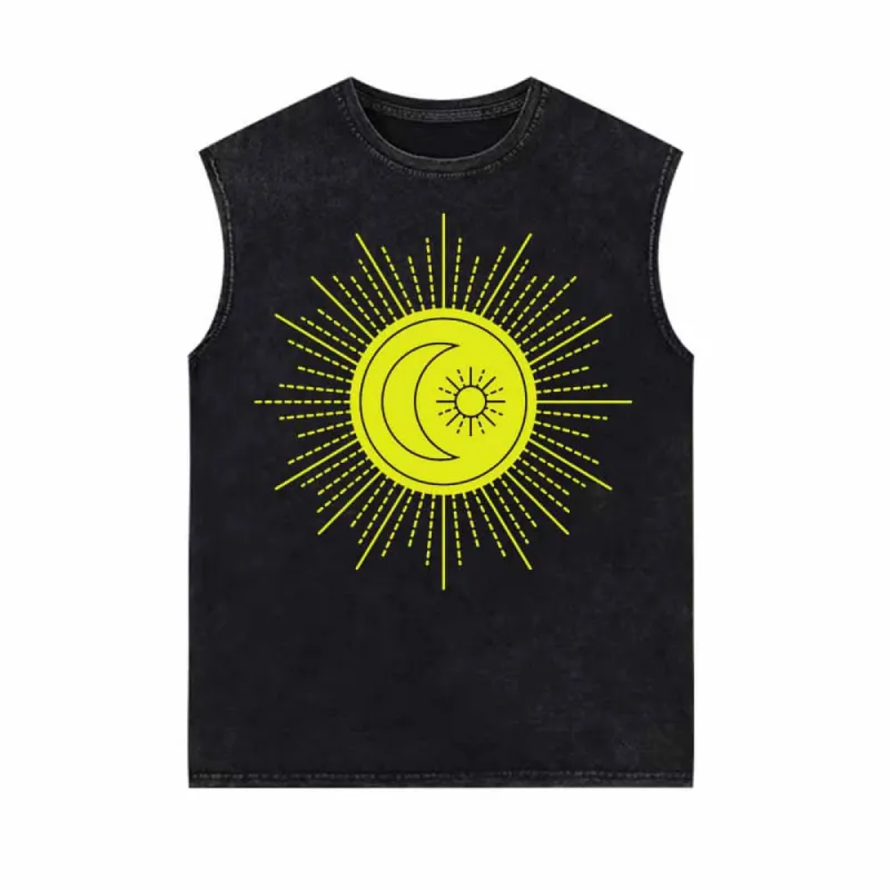 Shining Sun And Moon Pattern Vintage Washed Vest Top sold by GTHIC