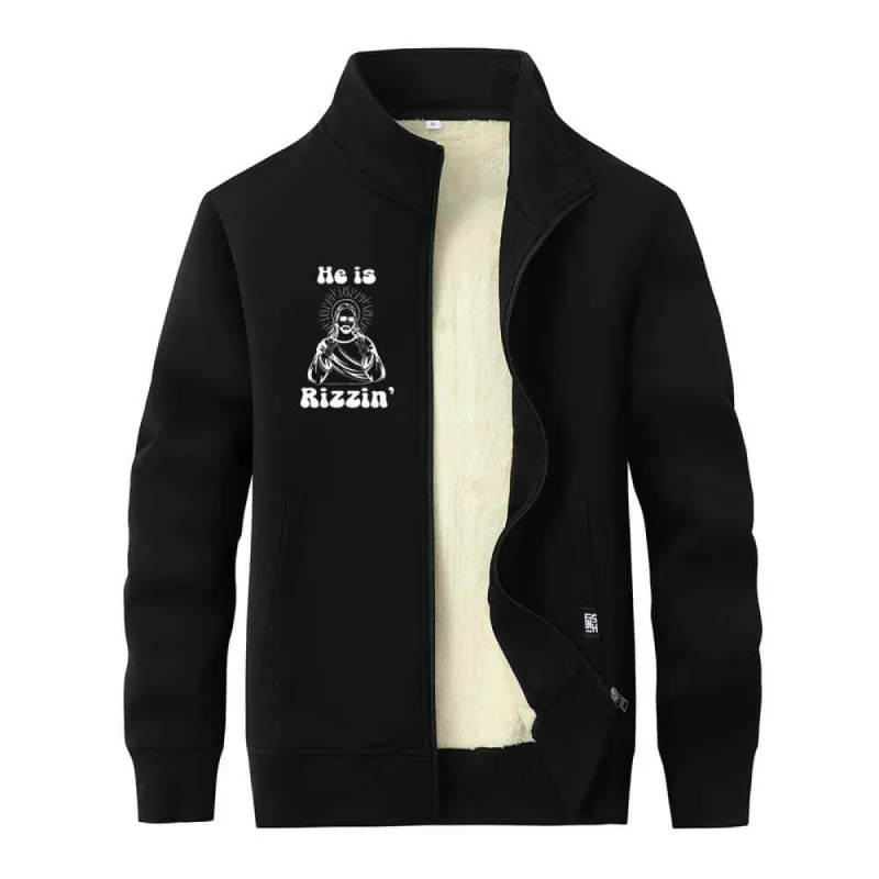 He Is Rizzin Christian Stand Collar Zip Fleece Cardigan sold by GTHIC
