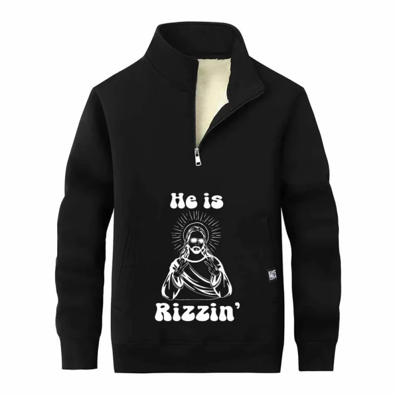 He Is Rizzin Christian Stand Collar Zip Fleece Sweatshirt sold by GTHIC