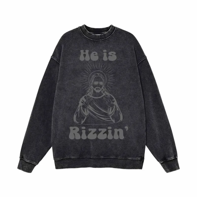He Is Rizzin Christian Funny Vintage Washed Sweatshirt sold by GTHIC