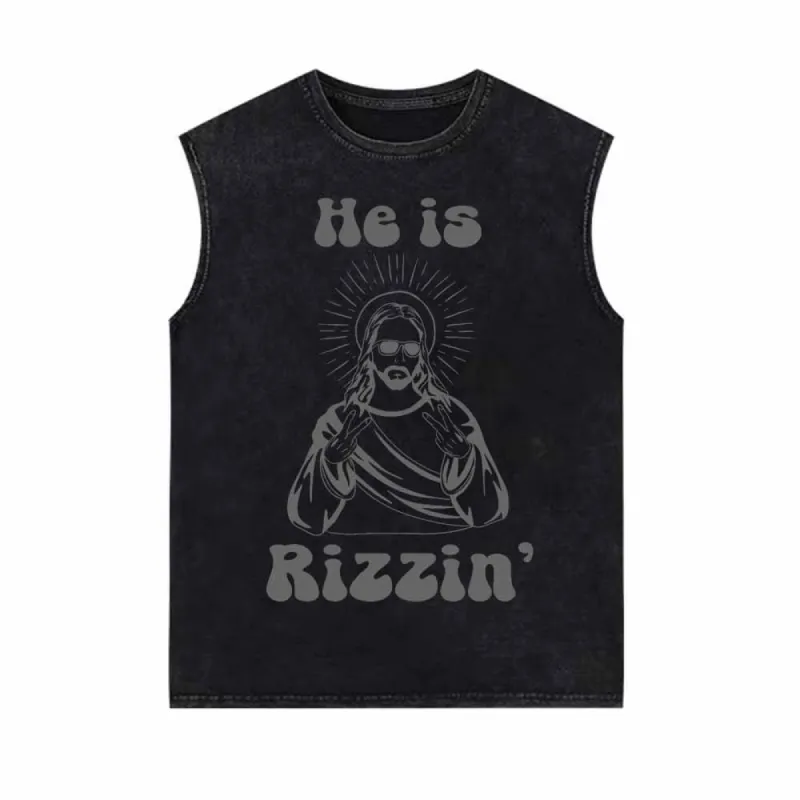He Is Rizzin Christian Funny Vintage Washed Vest Top made by GTHIC