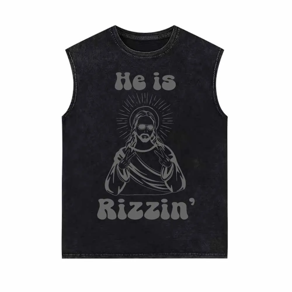 He Is Rizzin Christian Funny Vintage Washed Vest Top sold by GTHIC