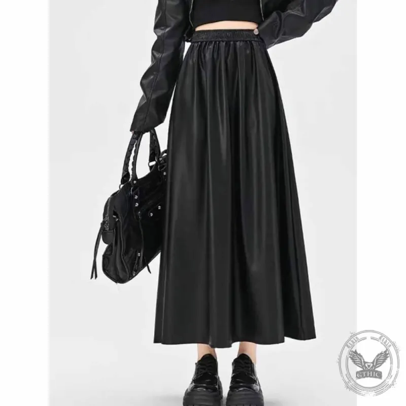 Women's High Waist PU Leather Long Pleated A Line Skirt sold by GTHIC