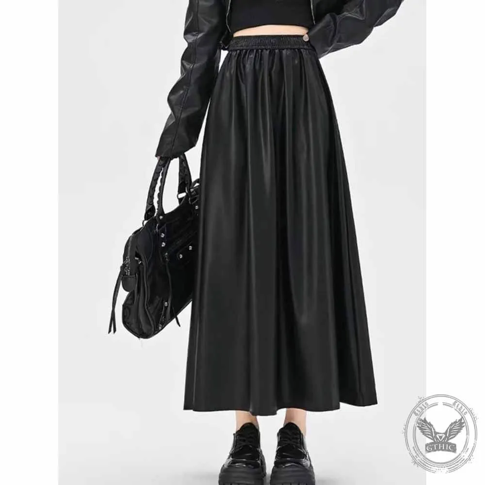 Women's High Waist PU Leather Long Pleated A Line Skirt sold by GTHIC