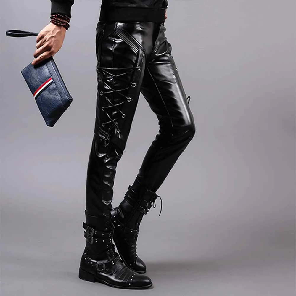 Punk Lace-Up Design Slim Fit PU Patchwork Pants sold by GTHIC product image thumbnail 2
