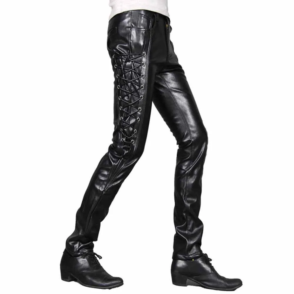 Punk Lace-Up Design Slim Fit PU Patchwork Pants sold by GTHIC product image thumbnail 3