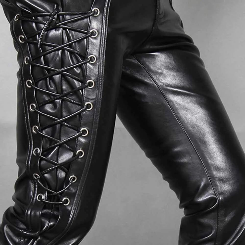 Punk Lace-Up Design Slim Fit PU Patchwork Pants sold by GTHIC product image thumbnail 5