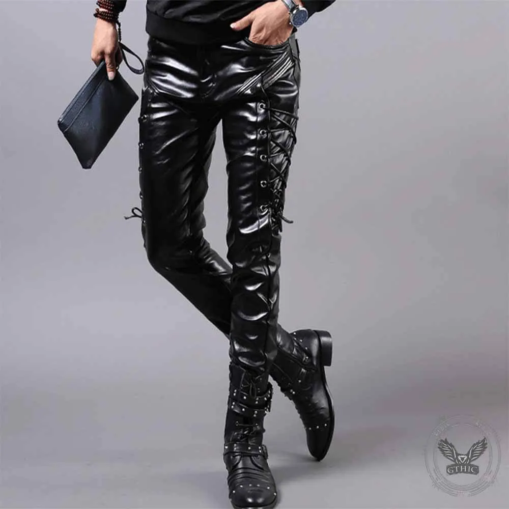 Punk Lace-Up Design Slim Fit PU Patchwork Pants sold by GTHIC