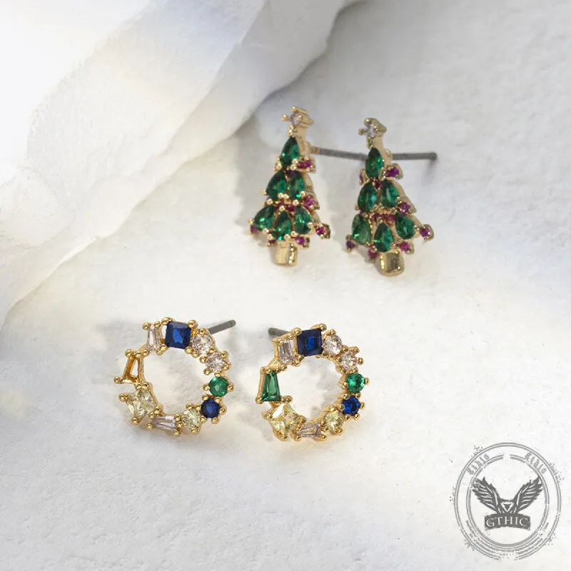 Christmas Tree Wreath Simple Zircon Copper Earrings made by GTHIC
