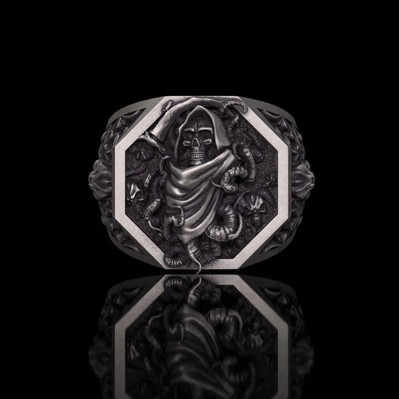 Grim Reaper Scythe Skull Tentacle Sterling Silver Ring sold by GTHIC