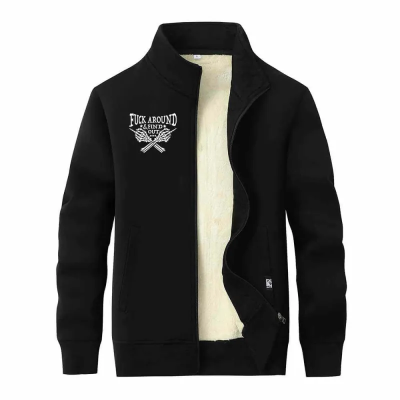 Fuck Around Find Out Skull Hand Stand Collar Zip Fleece Cardigan sold by GTHIC
