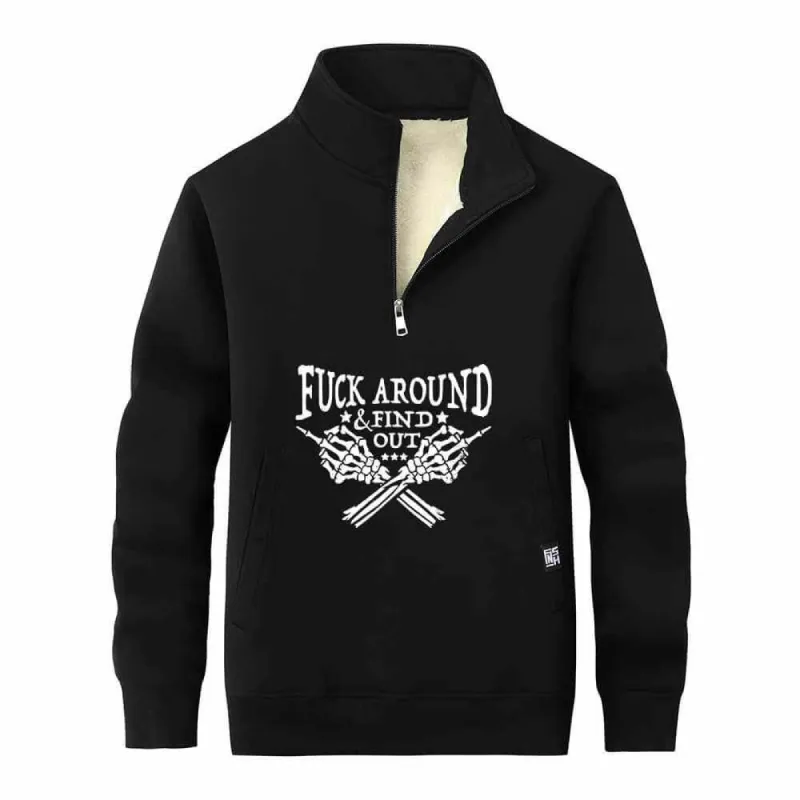 Fuck Around Find Out Skull Hand Stand Collar Zip Fleece Sweatshirt sold by GTHIC