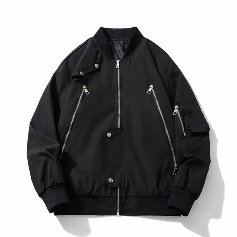 Multiple Zipper Design Solid Color Thickened Bomber Jacket sold by GTHIC
