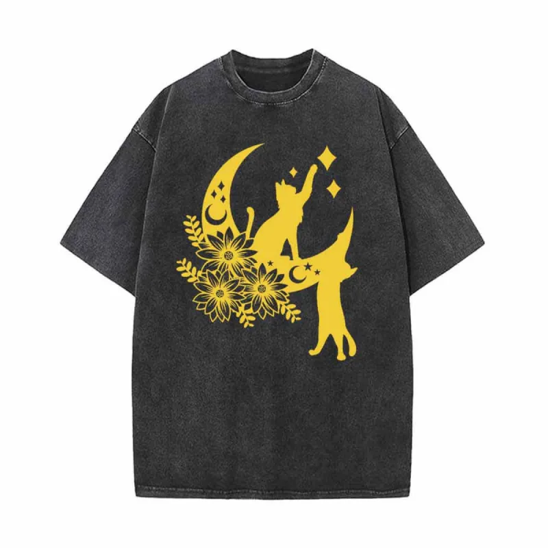 Floral Cats with Moon Star Vintage Washed T-shirt sold by GTHIC