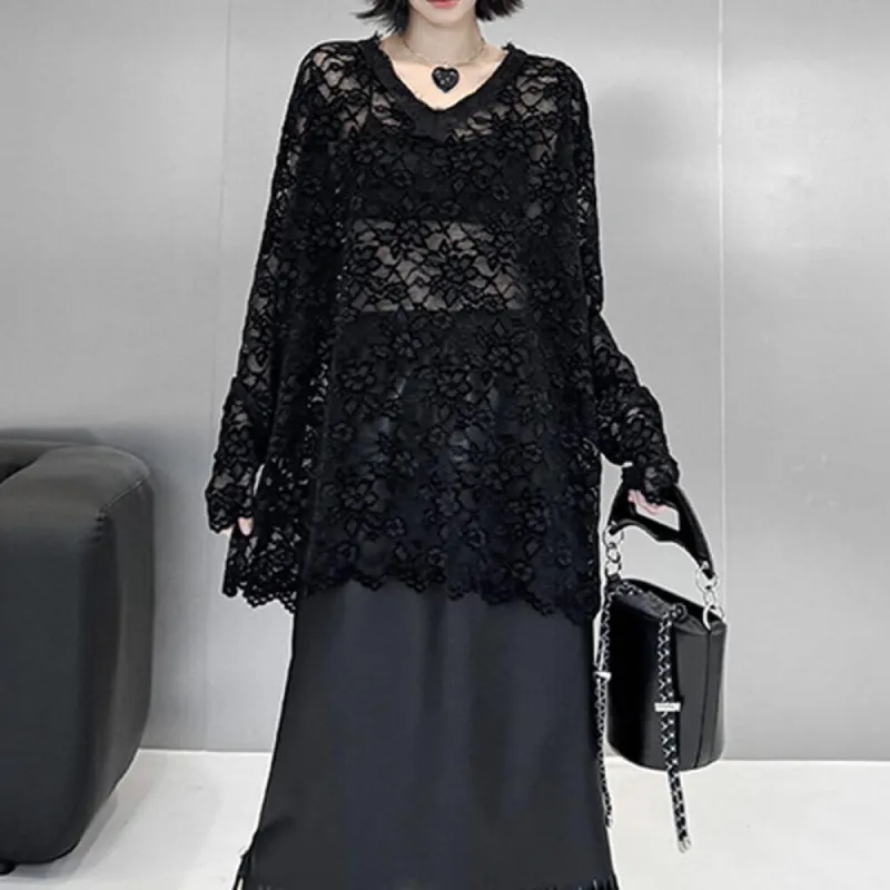 Black Elegant V-neck Loose See-through Lace Shirt sold by GTHIC