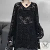 Black Elegant V-neck Loose See-through Lace Shirt sold by GTHIC