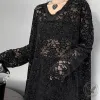 Black Elegant V-neck Loose See-through Lace Shirt sold by GTHIC