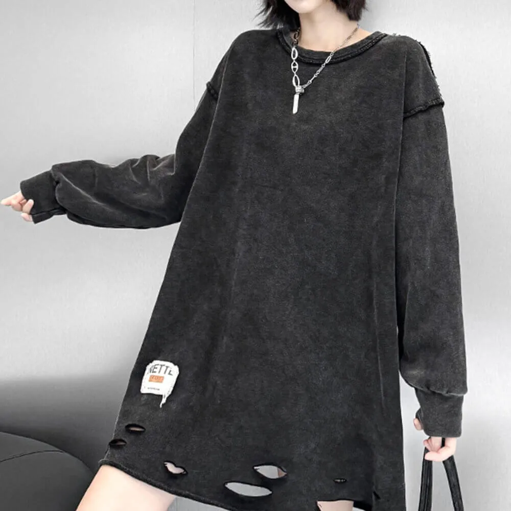 Street Style Loose Distressed Ripped Mid-Length Sweatshirt sold by GTHIC product image thumbnail 5