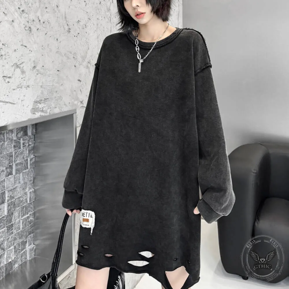 Street Style Loose Distressed Ripped Mid-Length Sweatshirt sold by GTHIC product image thumbnail 2