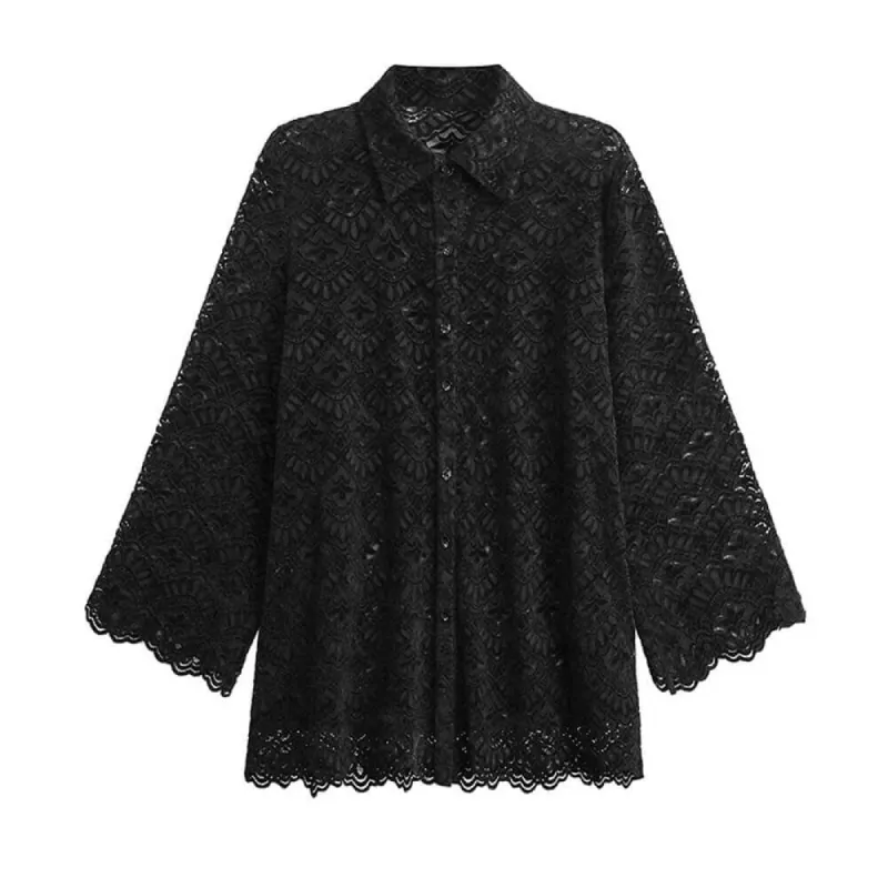 Loose Solid Color Long Sleeve Floral Lace Shirt sold by GTHIC