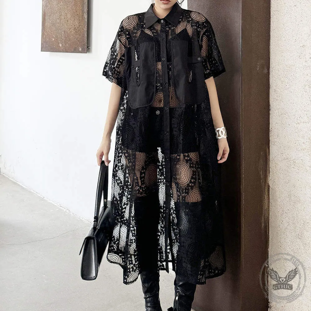 Lace Polo Collar See-Through Loose Shirt Dress sold by GTHIC product image thumbnail 5