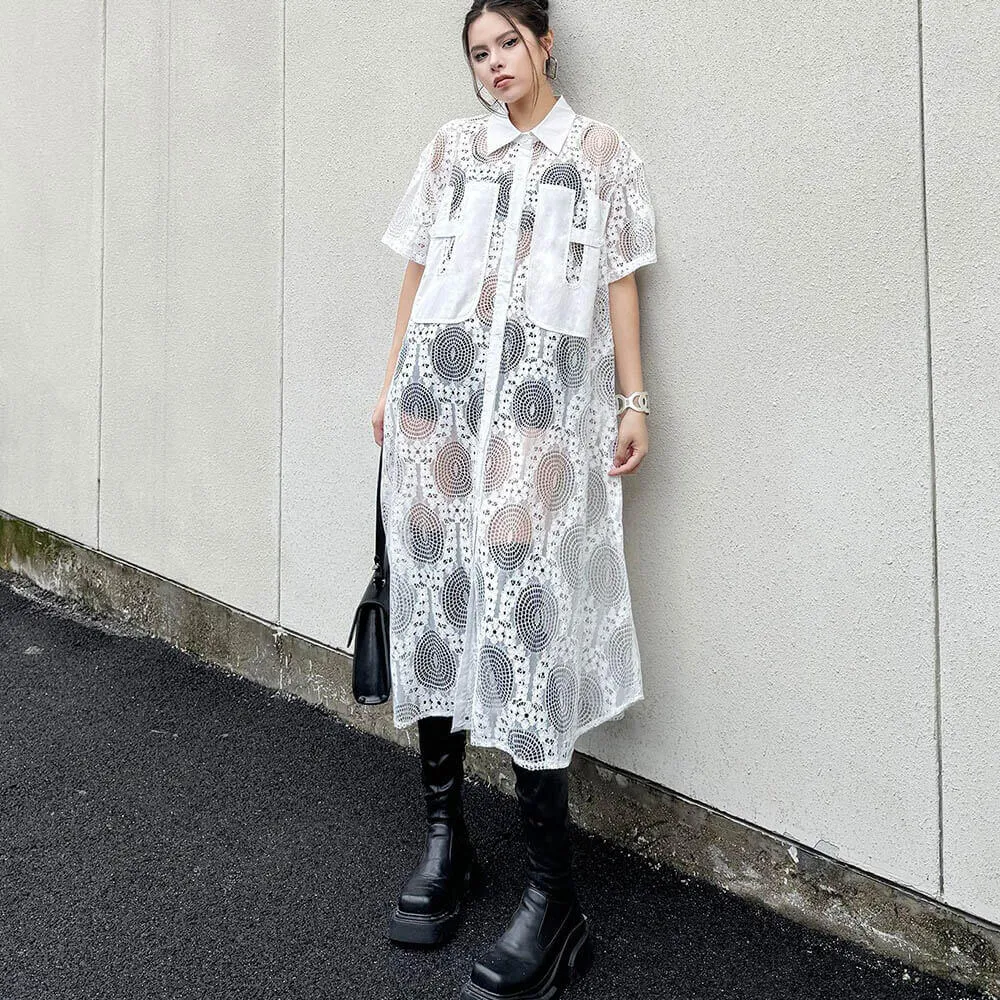 Lace Polo Collar See-Through Loose Shirt Dress sold by GTHIC product image thumbnail 3