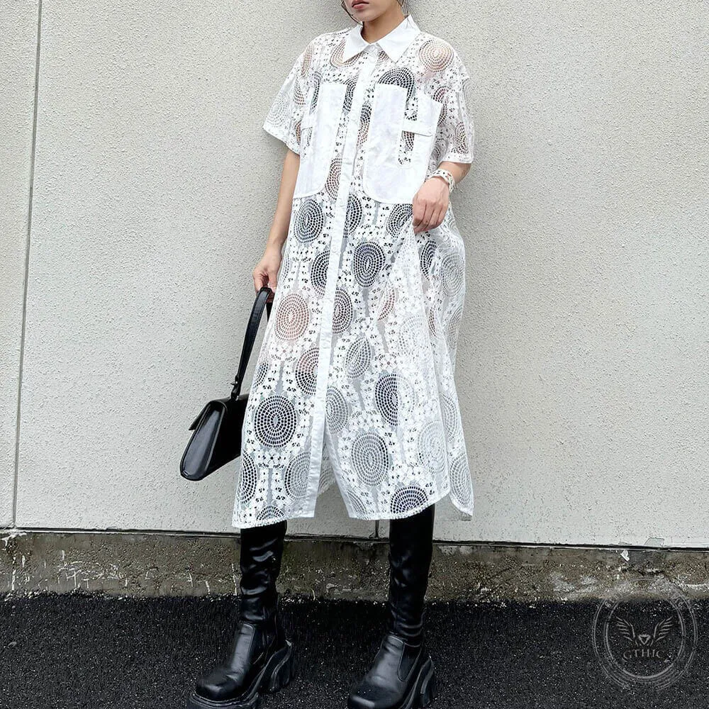 Lace Polo Collar See-Through Loose Shirt Dress sold by GTHIC product image thumbnail 4