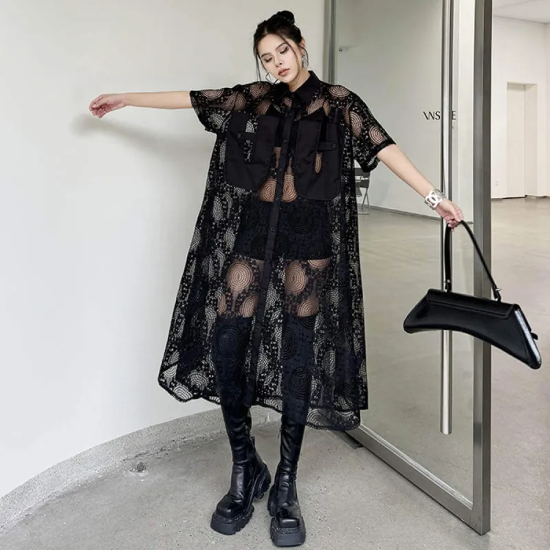 Lace Polo Collar See-Through Loose Shirt Dress sold by GTHIC