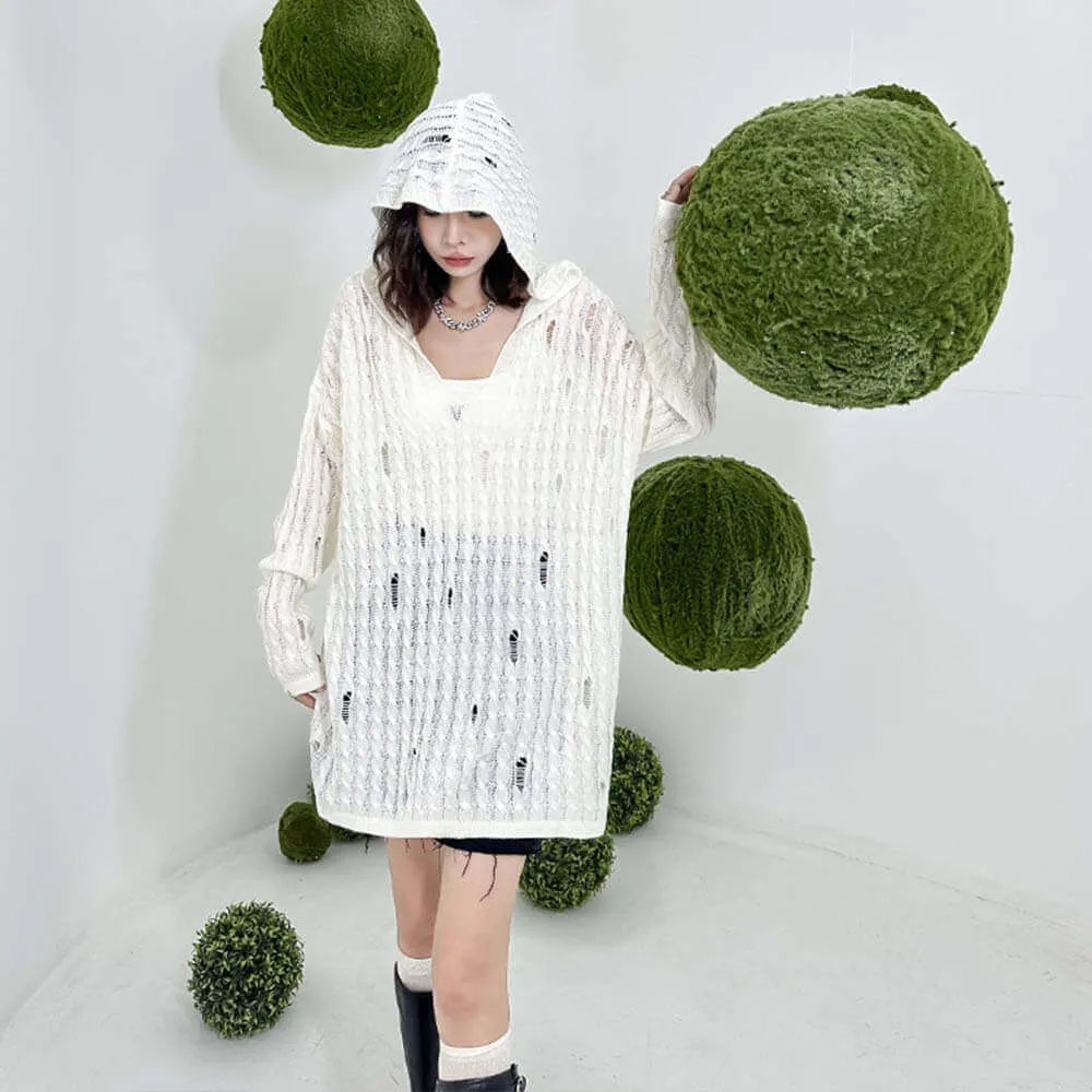 V-neck Hole Loose Hooded Long-sleeved Sweater sold by GTHIC