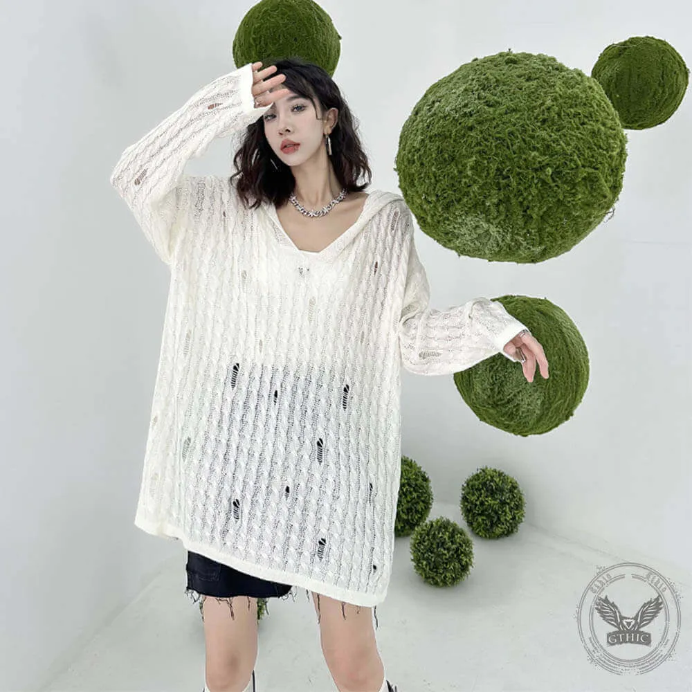 V-neck Hole Loose Hooded Long-sleeved Sweater sold by GTHIC product image thumbnail 2