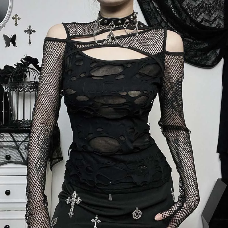 Dark Style Sexy Slim Mesh Hole Long Sleeve Top sold by GTHIC