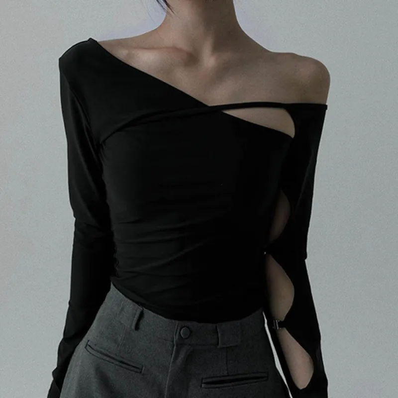 Sexy Off-Shoulder Metal Buckle Hollow Slim Top sold by GTHIC