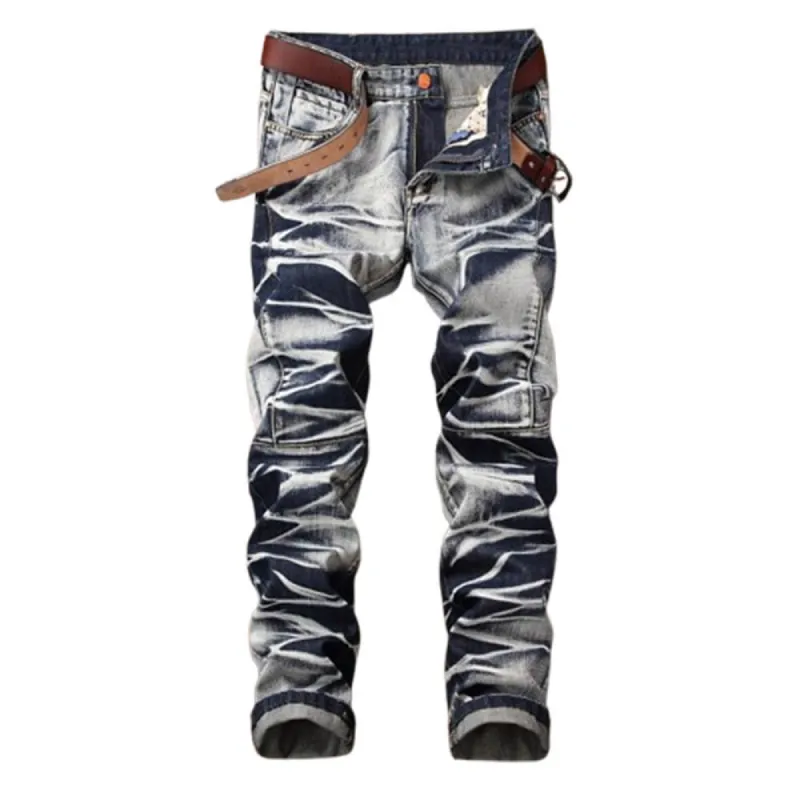 Vintage Distressed Biker Pleated Straight Jeans sold by GTHIC
