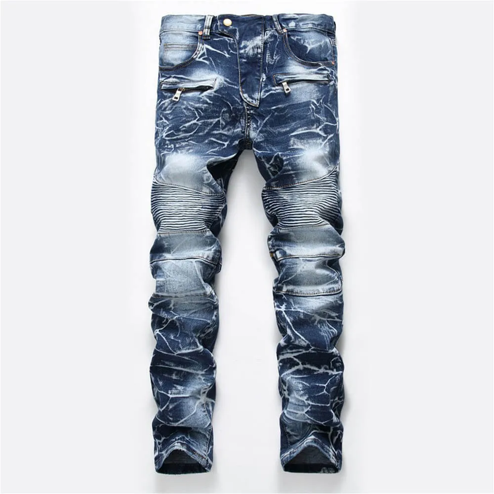 Nostalgia Pleated Elastic Motorcycle Straight Jeans sold by GTHIC