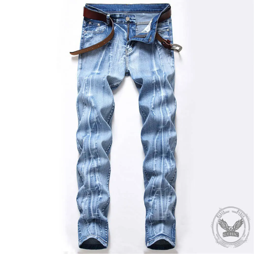 Nostalgic Distressed Light-colored Stretch Straight Jeans sold by GTHIC
