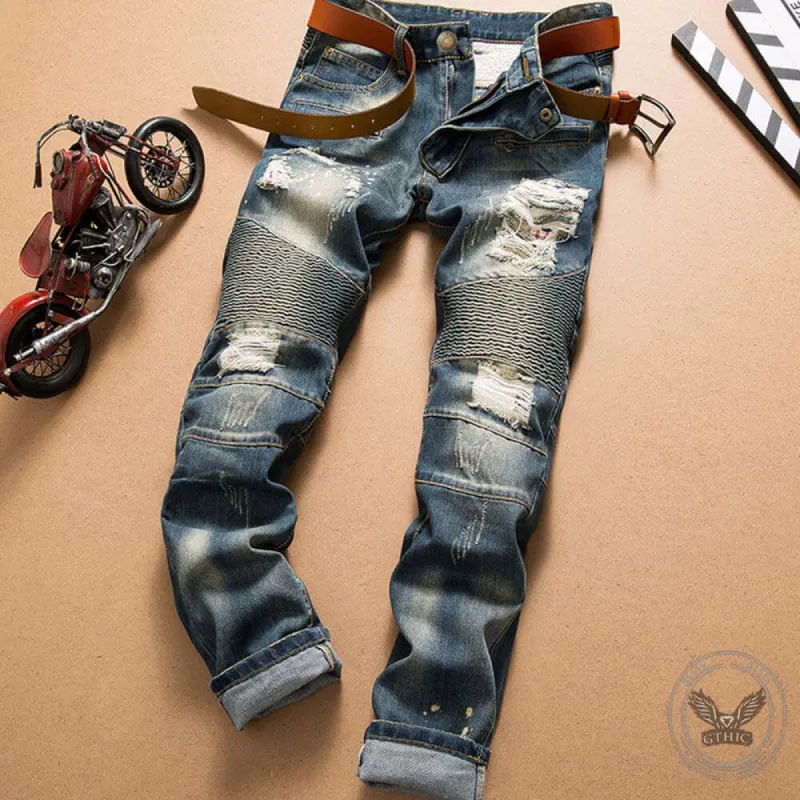 Vintage Punk Ripped Biker Straight Jeans sold by GTHIC