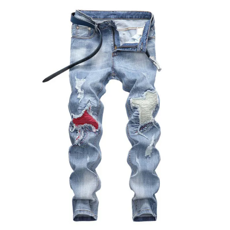 Light Ripped Stretch Motorcycle Straight Jeans sold by GTHIC