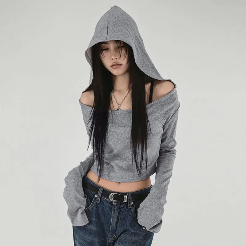 Simple Solid Color Off-The-Shoulder Knitted Hoodie sold by GTHIC